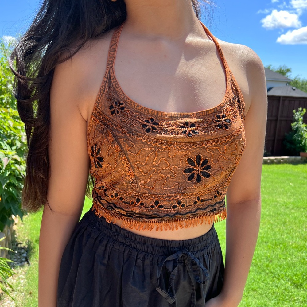 Open Back Tie Halter Cropped Style Embroidered Top